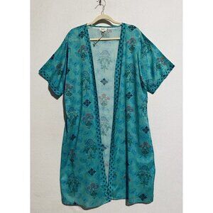 World Market Top Womens One Size Aqua Blue Floral Kimono Lightweight Beachy Boho